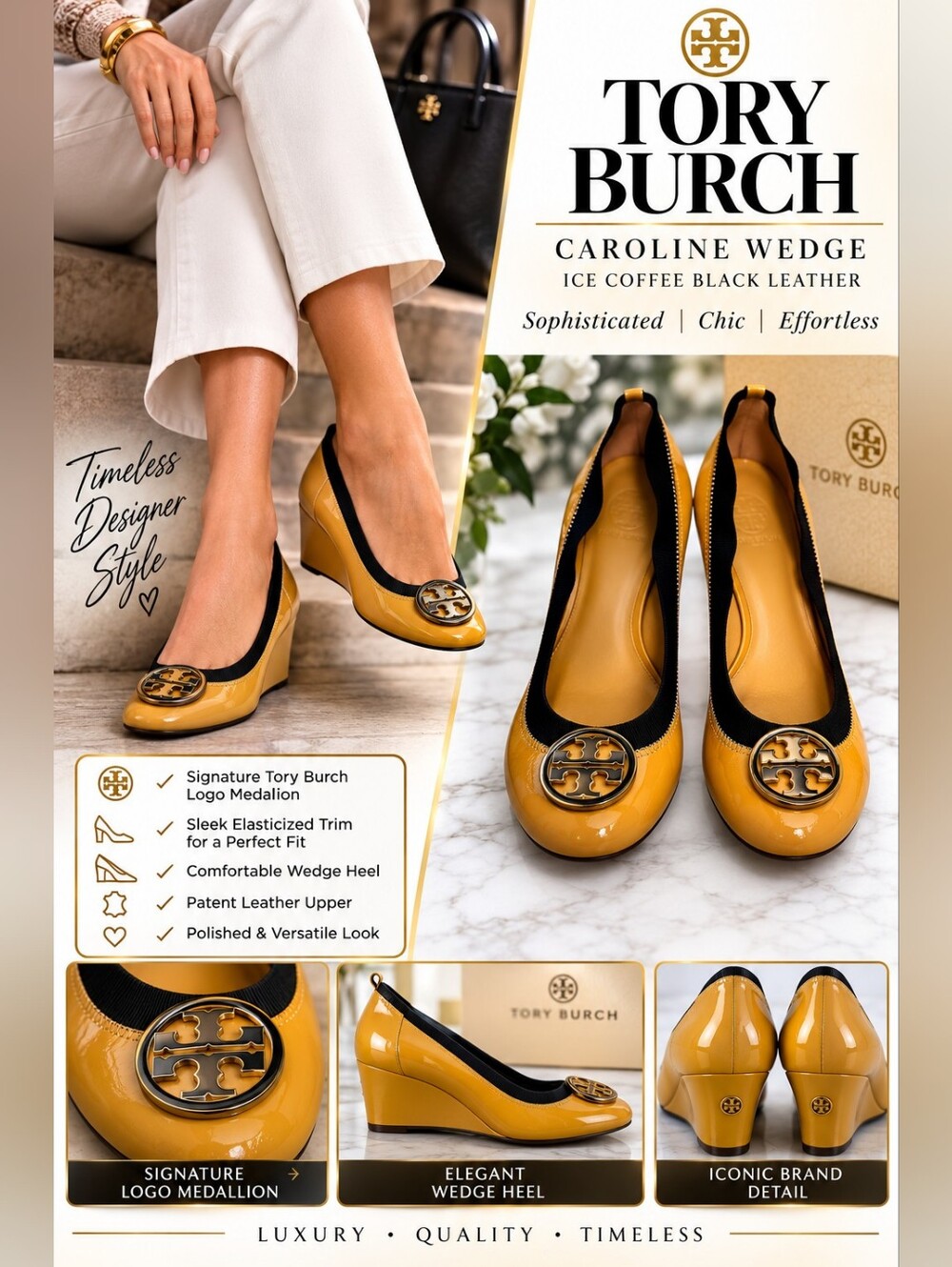 Tory Burch Caroline Wedge Ice Coffee Black Leather Wedge